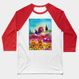 SUNFLOWERS, POPPIES AND BLACK ROOSTER IN BLUE SKY Baseball T-Shirt